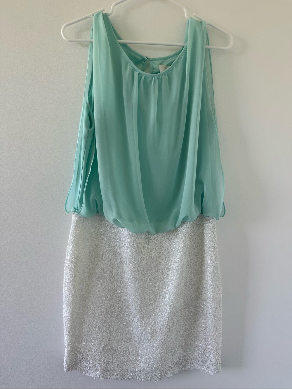 MM Couture Mint Green Chiffon Top with White Sequin Skirt Dress